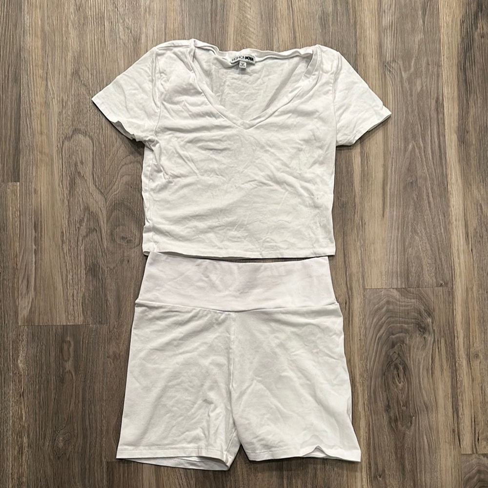 White V-Neck Crop Top and Shorts Set